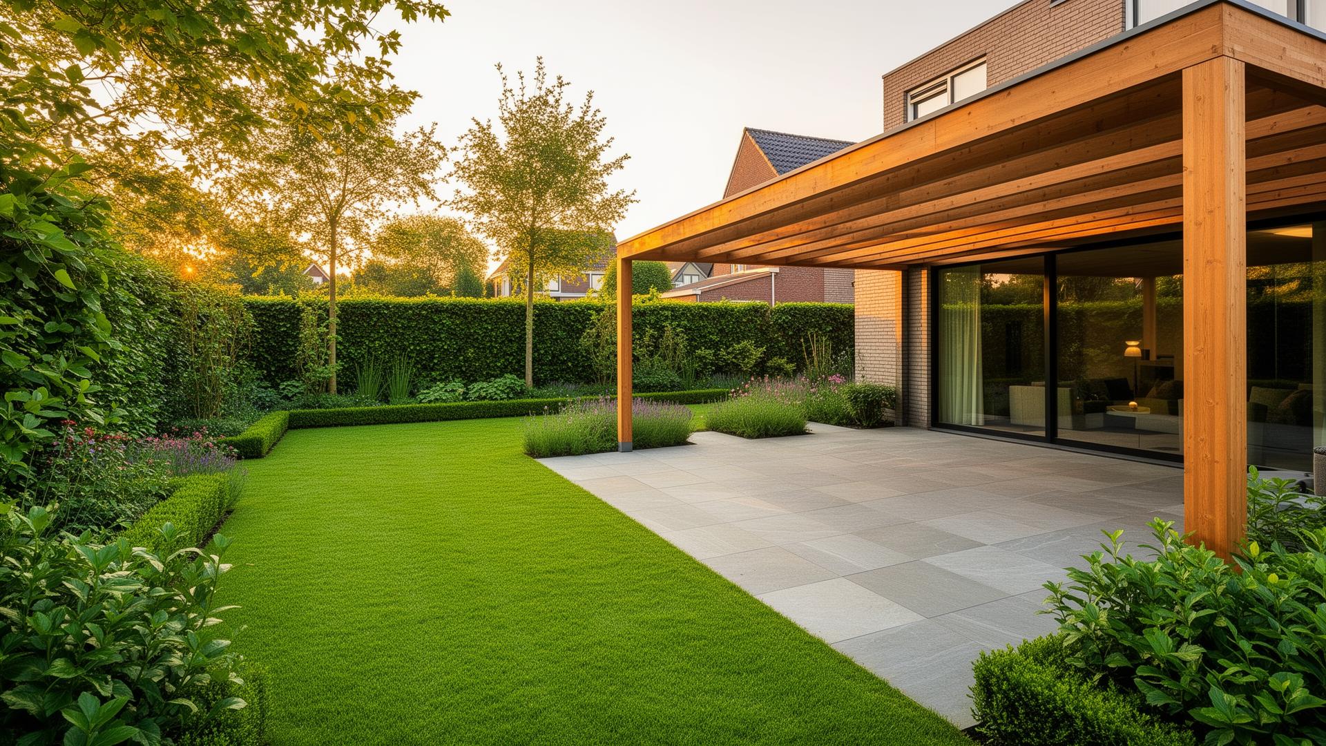 Aangelegde moderne tuin met gazon, borders en overkapping